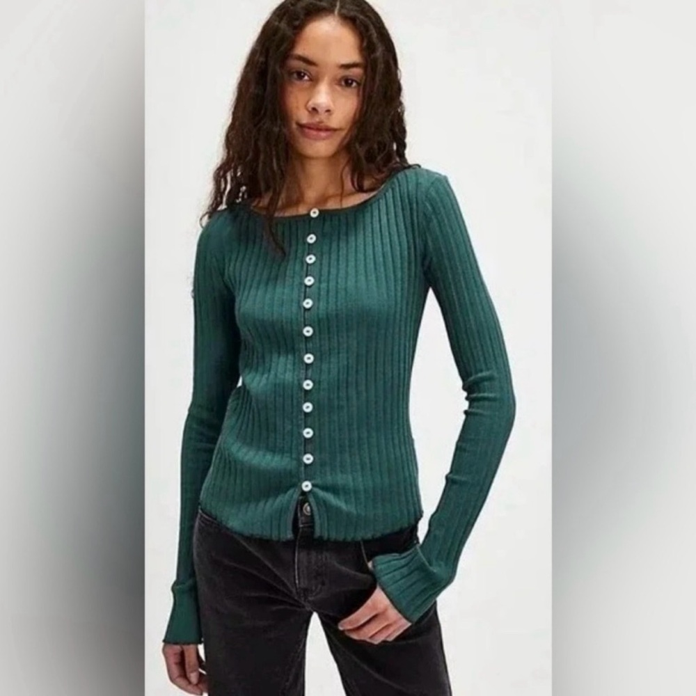 Free People Dark Green Tilly Ribbed Button-Up Cardigan